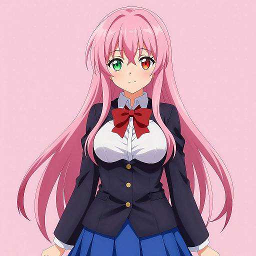 Anime-style digital illustration of a cute girl with long pink hair, green and red eyes, wearing a black blazer, white shirt, red bow,