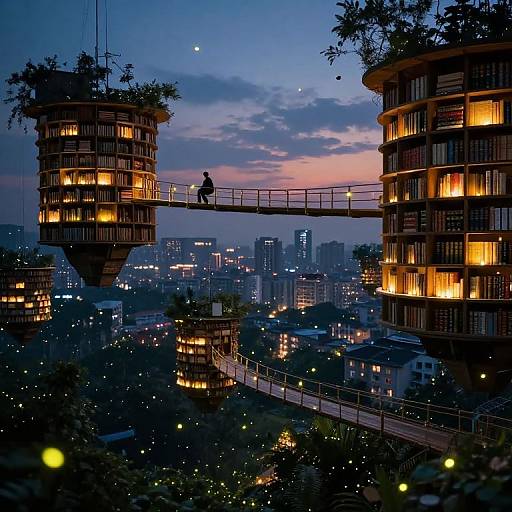 Photograph of a twilight cityscape with two illuminated, cylindrical buildings connected by a suspended walkway, a lone figure walking, and a starry sky