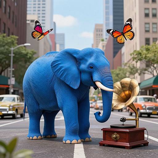 Photorealistic digital artwork of a vivid blue elephant with white tusks, playing a golden gramophone on a city street, with two orange and black