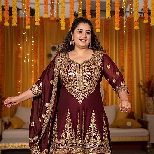 Photograph of a smiling South Asian woman with curly hair in a maroon embroidered traditional dress, standing in a decorated room with yellow and orange garlands