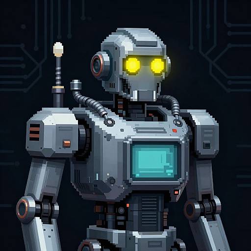 Pixel art of a metallic, humanoid robot with glowing yellow eyes, a blue screen, and black background with circuit patterns.
