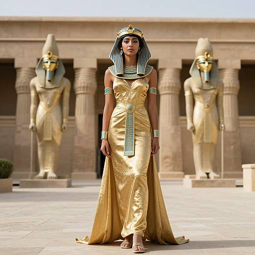 Photograph of an African-American woman in an Egyptian-style gold dress and striped headdress, standing in front of two stone statues in a temple courtyard.