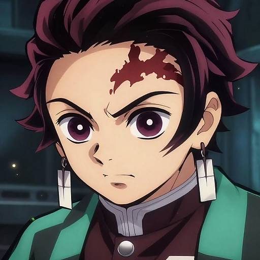 Digital anime portrait of a serious young man with dark purple hair, large purple eyes, blood on his forehead, green jacket, and white cross earrings,