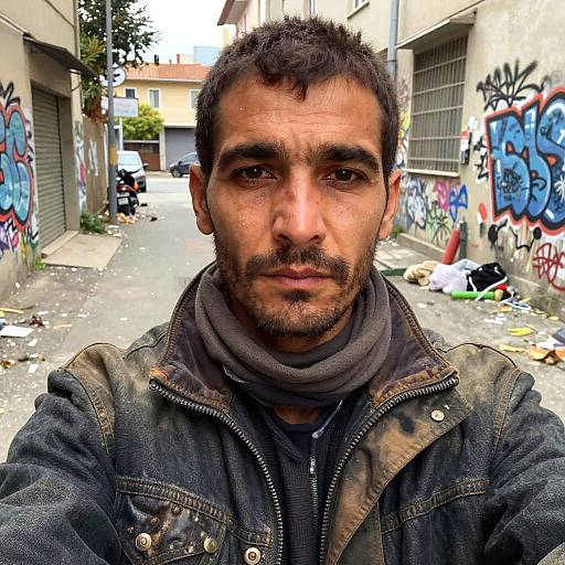 Photograph of a bearded man with dark hair, wearing a denim jacket and gray scarf, standing in a graffiti-covered alley.