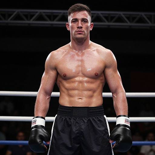 Photograph of a muscular, shirtless male boxer standing in a boxing ring, glistening with sweat, wearing black shorts and gloves, intense expression,