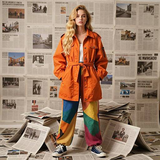 Photograph of a blonde woman with wavy hair, wearing an orange jacket and rainbow-striped pants, standing among scattered newspapers in front of a wall covered