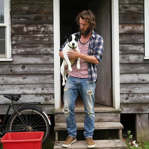 Casual Man with Dog on Stairs