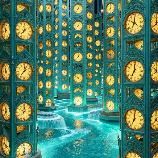 Photograph of a futuristic indoor installation with turquoise clock towers featuring glowing yellow clock faces, surrounding a blue-lit water fountain.