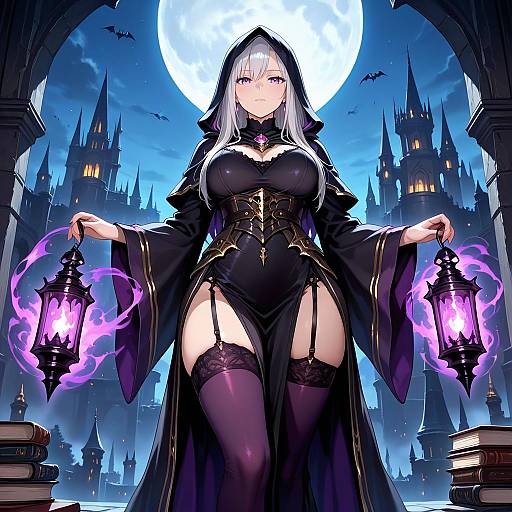 Dark Warlock Girl at Moonlit Castle