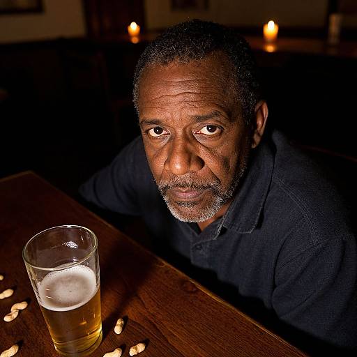 Middle-aged Black man with short hair and beard, wearing a black shirt, sitting at a dimly lit bar table with a glass of beer and scattered