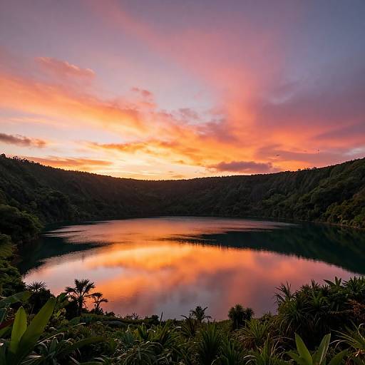 Photograph of a serene lake reflecting a vibrant sunset with orange, pink, and purple clouds over lush, dark green forest hills.
