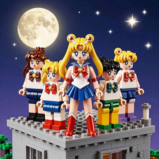 Photograph of LEGO-style Bishoujo Senshi Sailor Moon characters standing on a rooftop at night, with a full moon and stars in the background