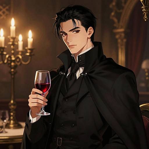 Anime-style digital illustration of a handsome, black-haired man in a black suit and cape, holding a glass of red wine, standing in a dimly