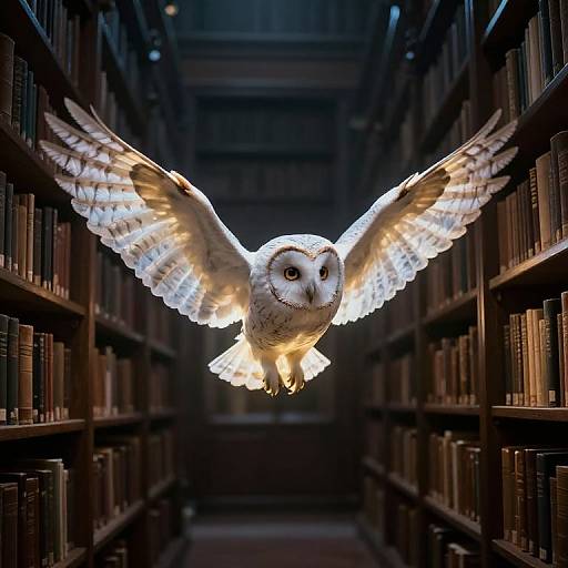 Photograph of a white barn owl with illuminated wings flying through a dimly lit, narrow library aisle filled with bookshelves.