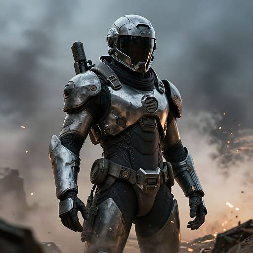 Digital artwork of a futuristic, armored soldier in silver and black armor with a helmet, standing in a smoky, war-torn landscape.