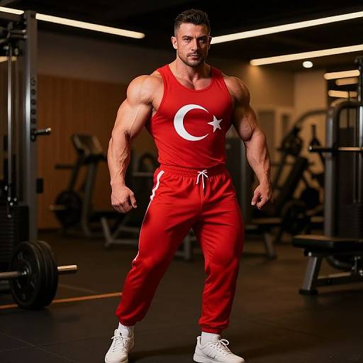 Photograph of a muscular, tan-skinned man in red Turkey-themed athletic wear (star and crescent), standing in a dimly-lit gym