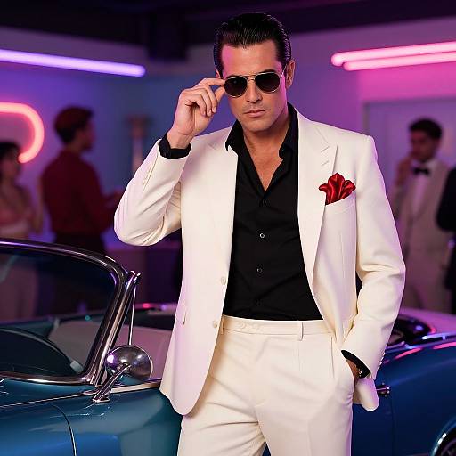 Photograph of a suave man in a white suit, black shirt, red pocket square, and sunglasses, standing by a blue classic car in a