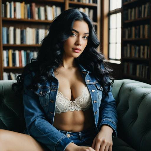 Woman in Denim Jacket and Lace Bralette in Library