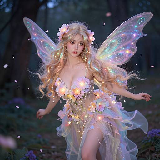 Digital art of a blonde fairy with glowing wings, flower crown, and translucent dress, surrounded by enchanted forest and glowing petals.