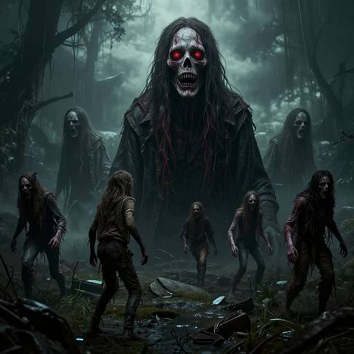 Digital artwork of a dark, foggy forest with a towering, skeletal monster with glowing red eyes, surrounded by six smaller, ragged, zombie-like