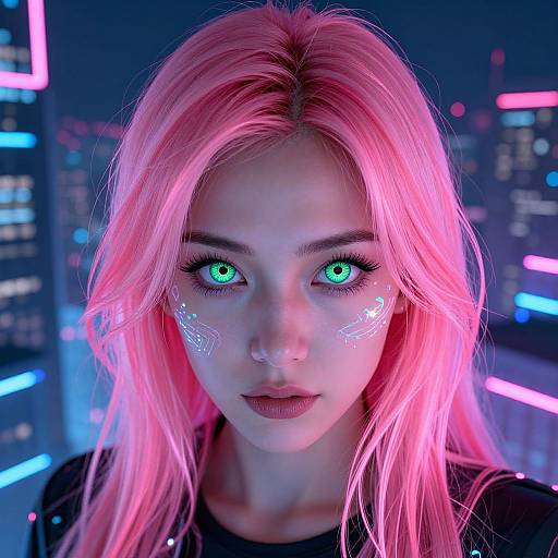 Neon-lit photograph of a young woman with glowing green eyes, pink hair, and futuristic white face markings, set against a cityscape with colorful