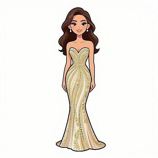 Digital cartoon of a smiling woman with long brown hair, wearing a strapless, golden, sequined, form-fitting evening gown, standing against a