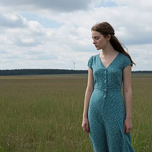 Photograph of a young woman with fair skin and brown hair in a blue floral dress standing in a grassy field under a cloudy sky, looking down