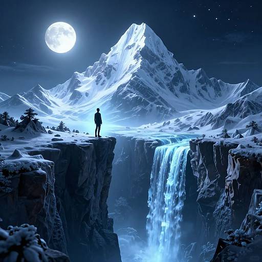 Digital art: Silhouetted figure stands on rocky cliff, gazing at glowing, moonlit snow-capped mountain, with a waterfall cascading