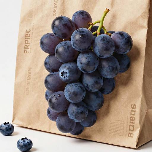 Photograph of a plump, dark blue grape cluster with water droplets, resting on a brown paper bag with 