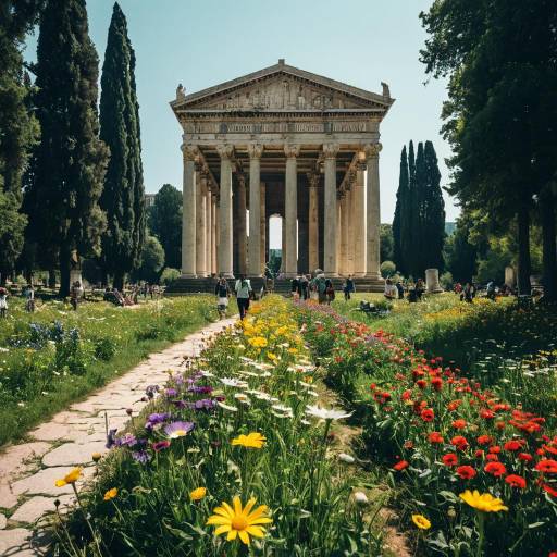 Ancient Roman Temple with Colorful Flower Meadow