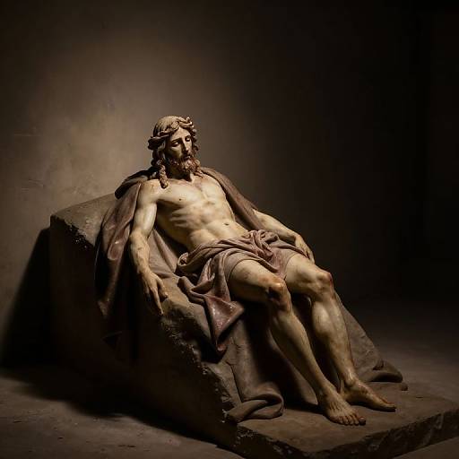 Photograph of a classical marble statue depicting a bearded, muscular, seated male figure with a draped cloth, illuminated dramatically against a dark background.