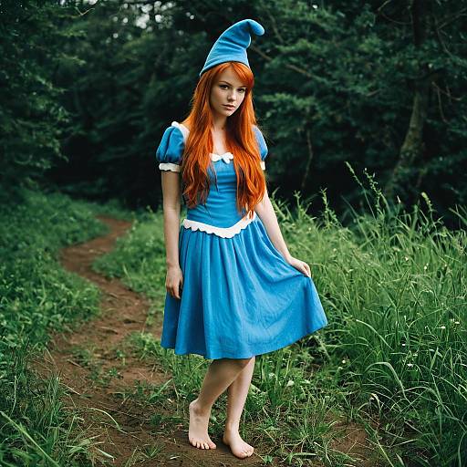Woman in Blue Smurf Costume in Forest