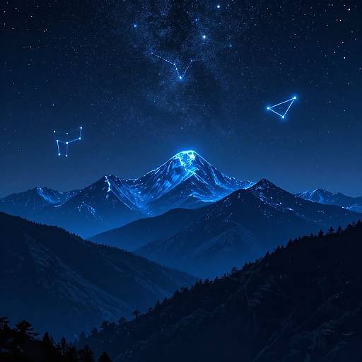 Photograph of a glowing blue mountain under a starry night sky, with constellations and Milky Way visible, surrounded by dark forested hills.
