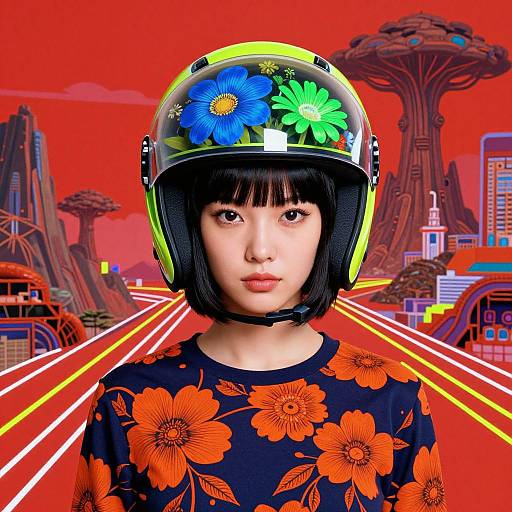 Asian woman with black bob wearing neon helmet with blue and green flowers, black floral shirt, in vibrant, futuristic cityscape.