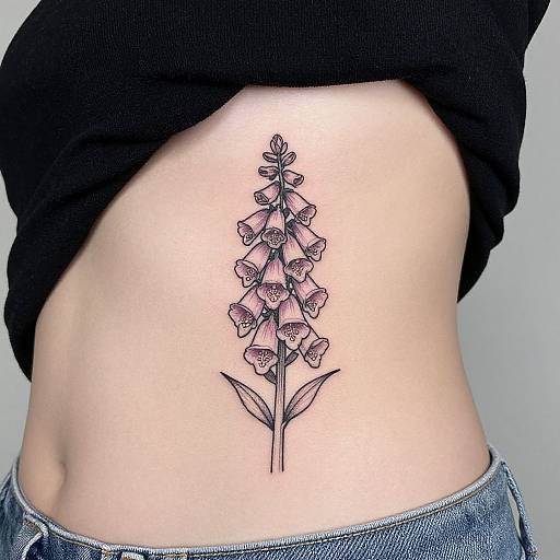 Photograph of a tattooed midriff featuring a detailed black and pink floral design on pale skin, wearing black shirt and blue jeans.
