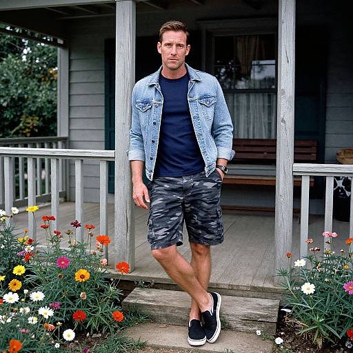 Photograph of a handsome, light-skinned man with short brown hair, wearing a denim jacket, black t-shirt, camo shorts, and black