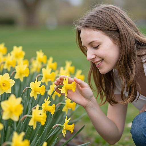 Photograph of a smiling young woman with light brown hair, wearing a white top and blue jeans, gently smelling bright yellow daffodils in a
