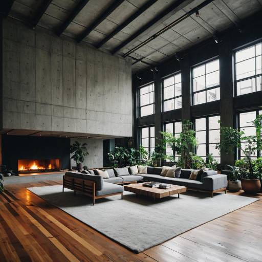 Spacious Modern Loft Living Room with Fireplace