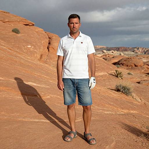 Photograph of a middle-aged man with short dark hair, white polo shirt, denim shorts, sandals, standing in a sunlit, rocky desert landscape