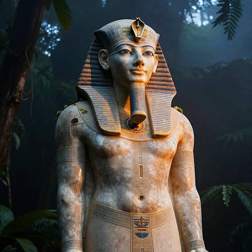 Ancient Imhotep Statue in Jungle Mist