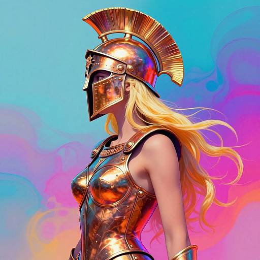 Digital artwork of a blonde woman in shiny gold Greek-style armor with a Corinthian helmet, against a vibrant blue and pink sky.