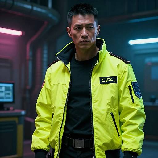Photograph of a serious, short-haired man in a neon yellow GFL jacket, standing in a dimly lit, futuristic industrial room.