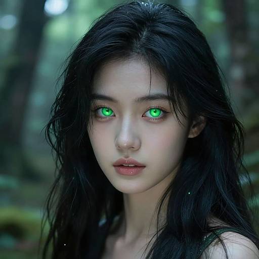 Digital portrait of an ethereal Asian woman with long, wet black hair, glowing green eyes, and pale skin, set in a dark, forested