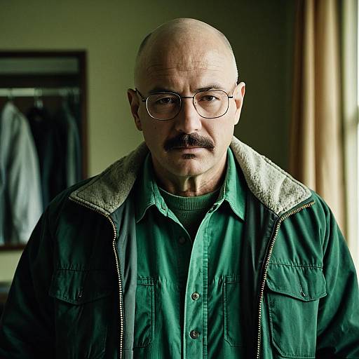 Serious Bald Man with Glasses and Mustache