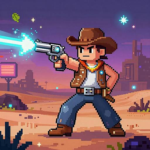 Pixel art of a cowboy in a brown hat, white shirt, blue jeans, and belt holster, firing a glowing blue gun in a desert with ruins