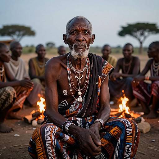 Photograph of an elderly, dark-skinned African man with white beard, adorned in traditional, colorful beadwork, sitting by fire, surrounded by other