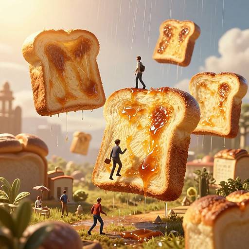 Digital illustration: Miniature humans walk on giant, glowing, rain-soaked bread slices in a sunlit, whimsical village with lush greenery.