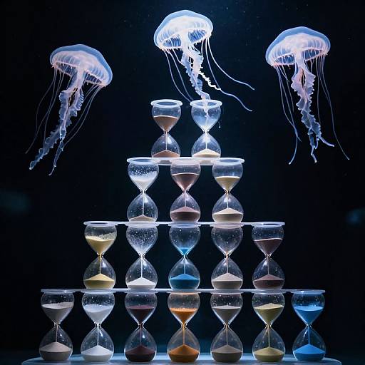 Photograph of a dark background featuring three glowing jellyfish above a pyramid of glass hourglasses filled with colored liquids.