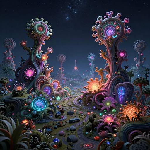 Whimsical, neon-lit fantasy landscape with glowing, organic trees and surreal, colorful lights on a winding path under a starry night sky.