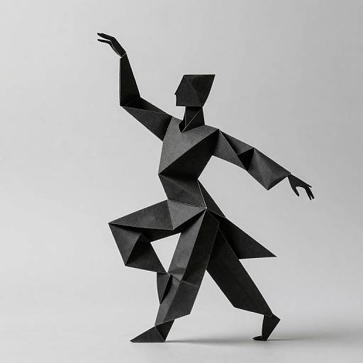 Black origami figure in dynamic pose, angular geometric shapes, raised arm, extended leg, white background, minimalist, modern art style.